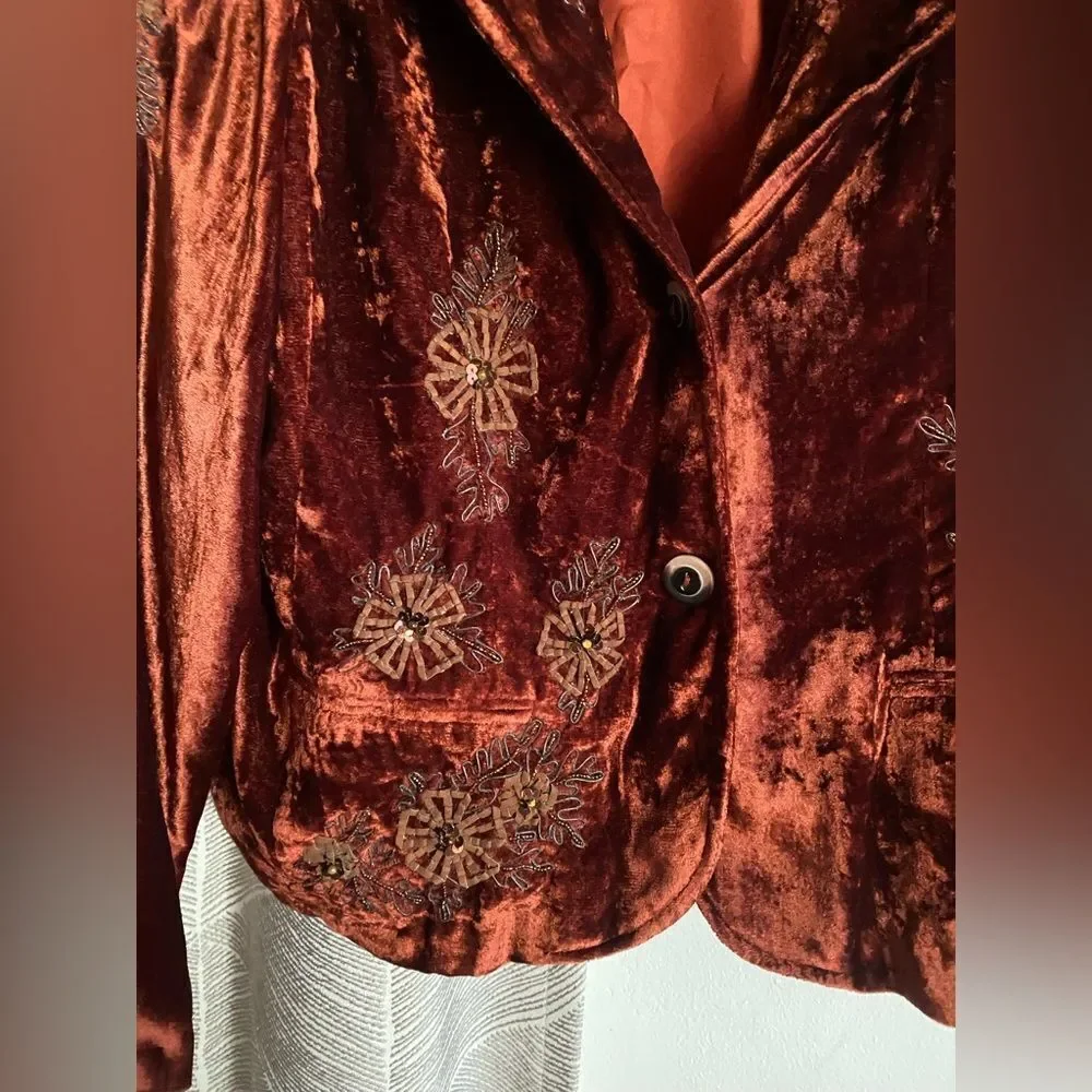 Coldwater Creek Rust Velvet Blazer with Floral Embroidery Boho Sz LP